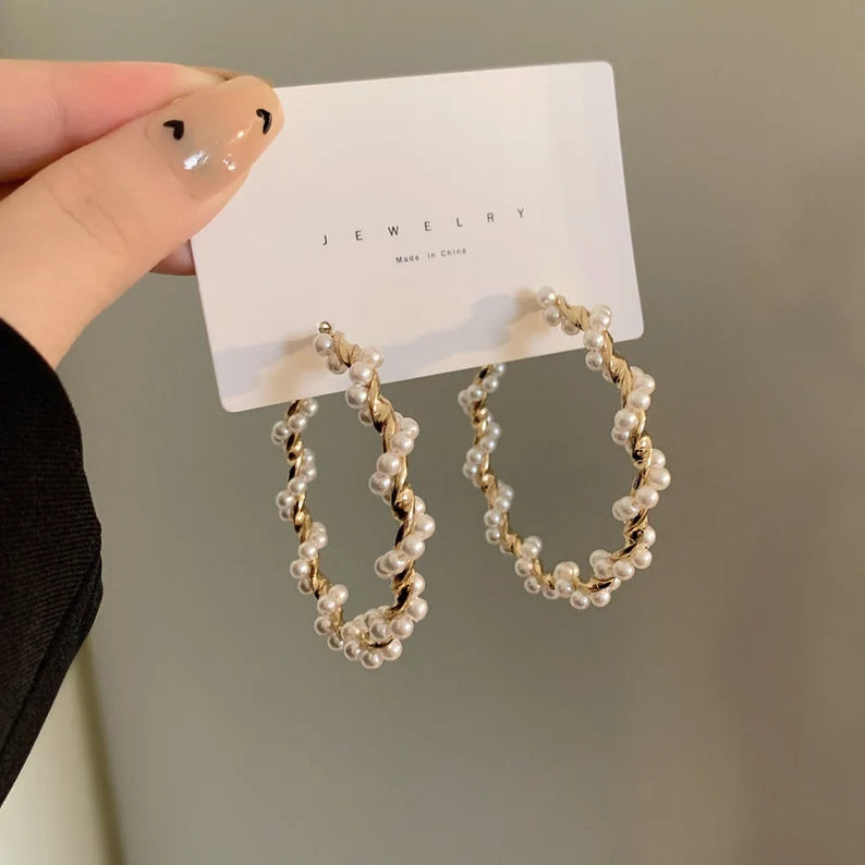 Women Gold Plated Large Pearl Twisted Hoop Earrings