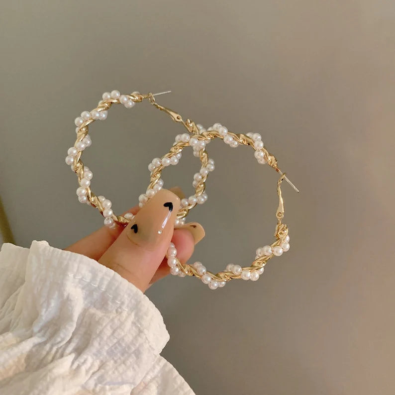 Women Gold Plated Large Pearl Twisted Hoop Earrings