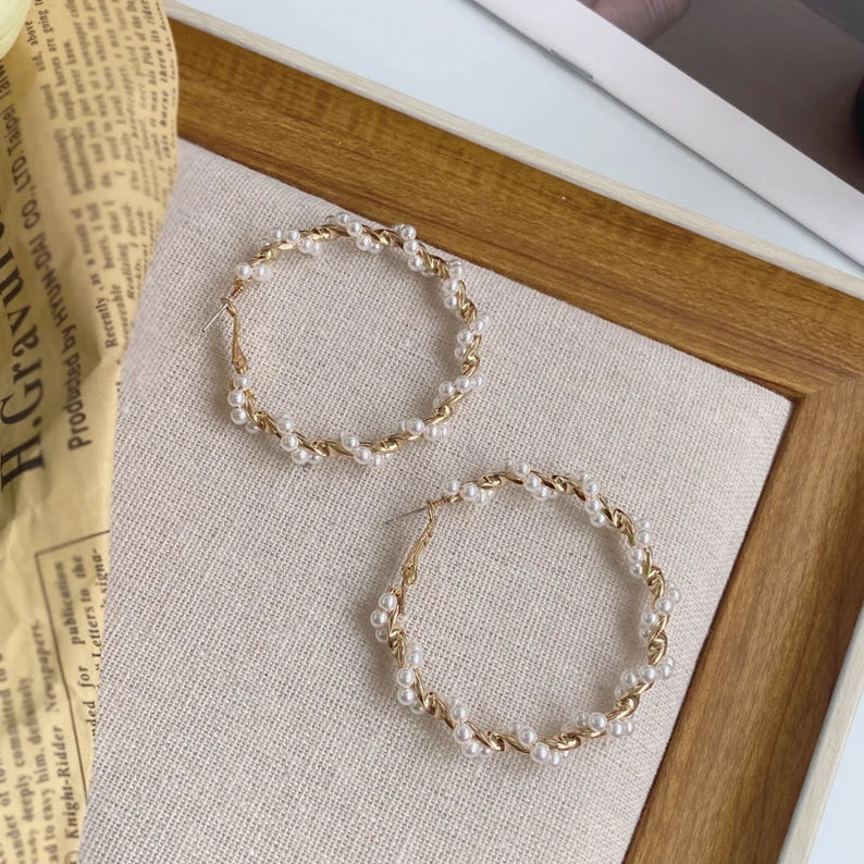 Women Gold Plated Large Pearl Twisted Hoop Earrings