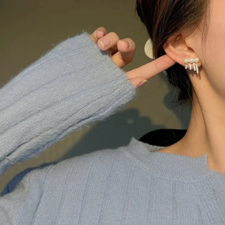 Four-row Tassel Drop Earrings Pearl