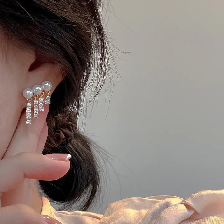 Four-row Tassel Drop Earrings Pearl