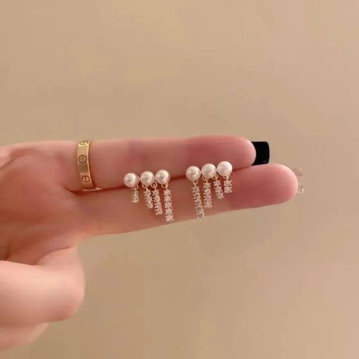 Four-row Tassel Drop Earrings Pearl