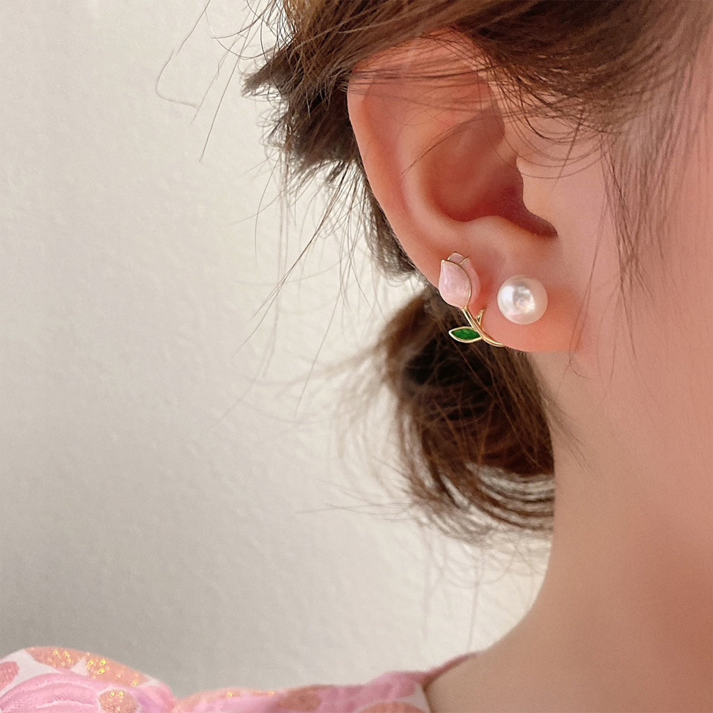 Womens Flower Tulip Pearl Gold Earrings
