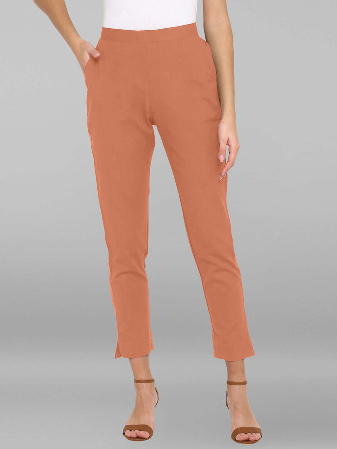 Peach Cotton Solid Casual Pant