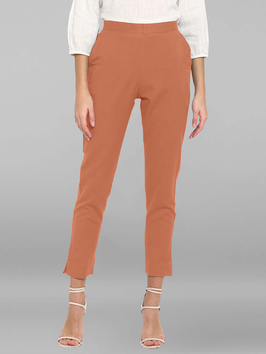 Peach Cotton Solid Casual Pant
