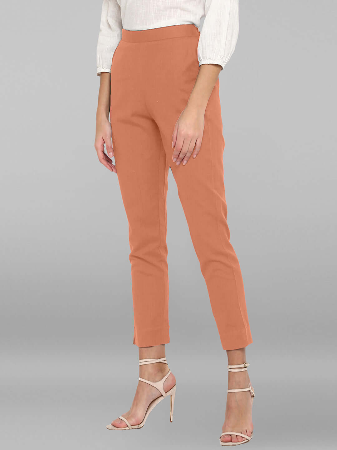 Peach Cotton Solid Casual Pant