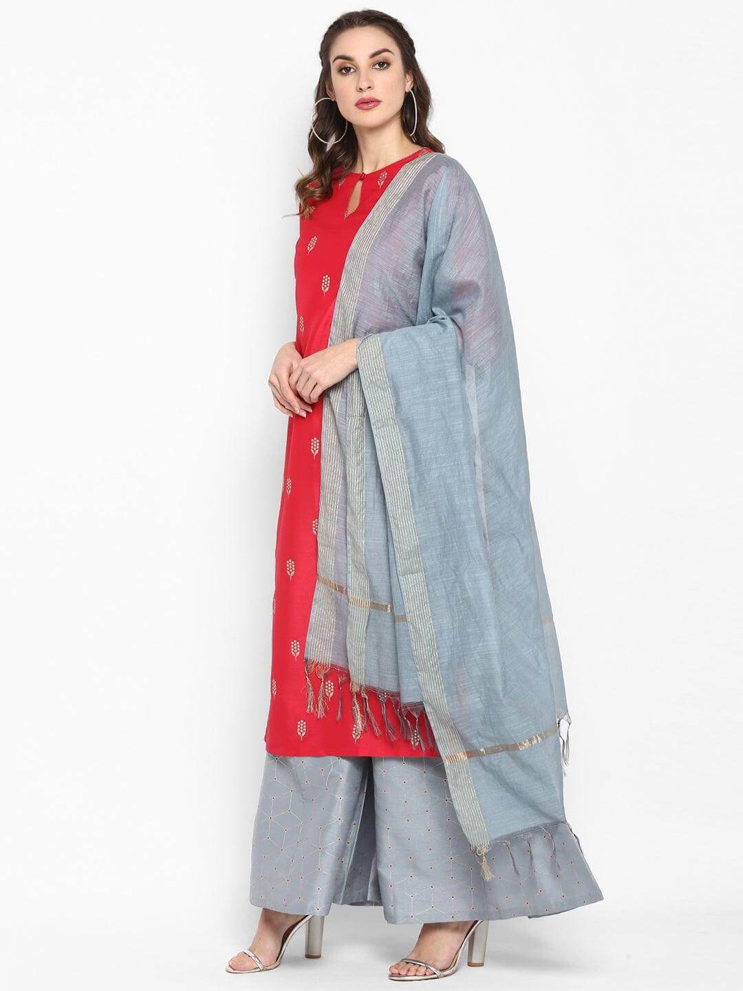 Red Poly Silk Kurta With Palazzo and Dupatta