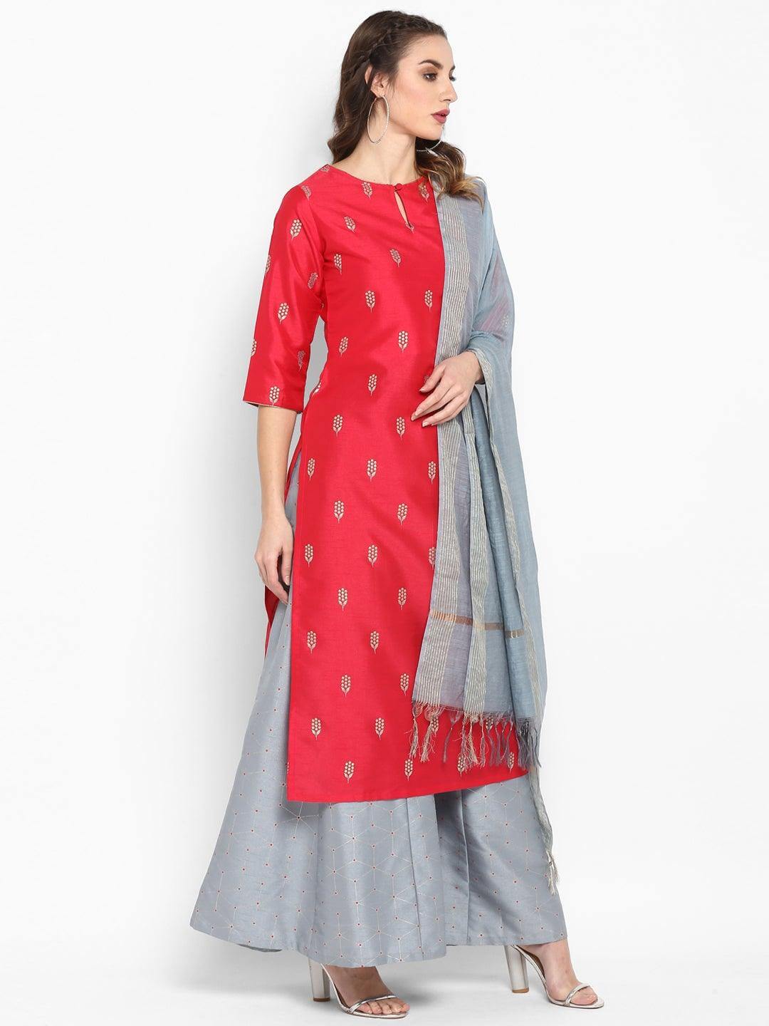 Red Poly Silk Kurta With Palazzo and Dupatta