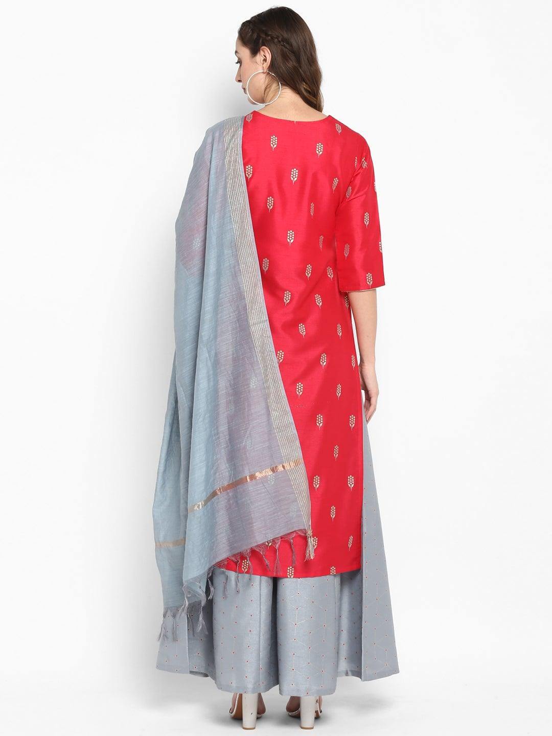 Red Poly Silk Kurta With Palazzo and Dupatta