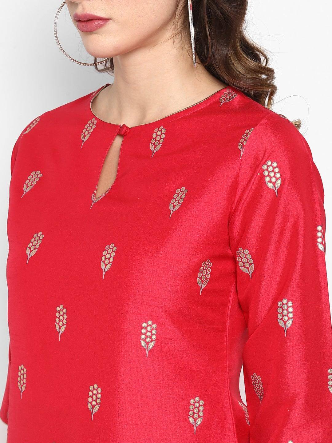 Red Poly Silk Kurta With Palazzo and Dupatta
