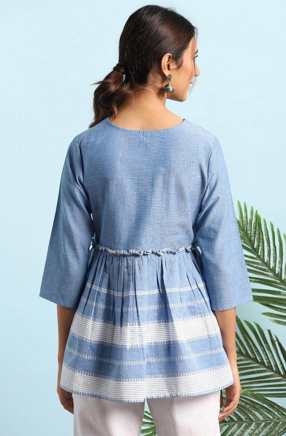 Blue Cotton Striped Empire Top