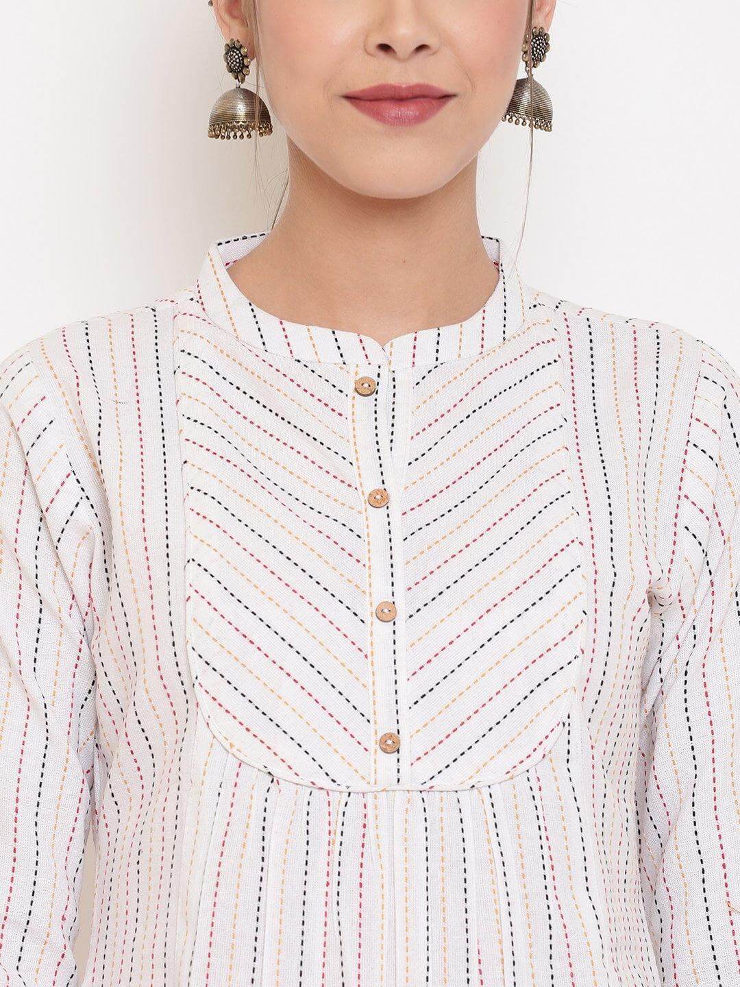 White Cotton Woven Design A-Line Top