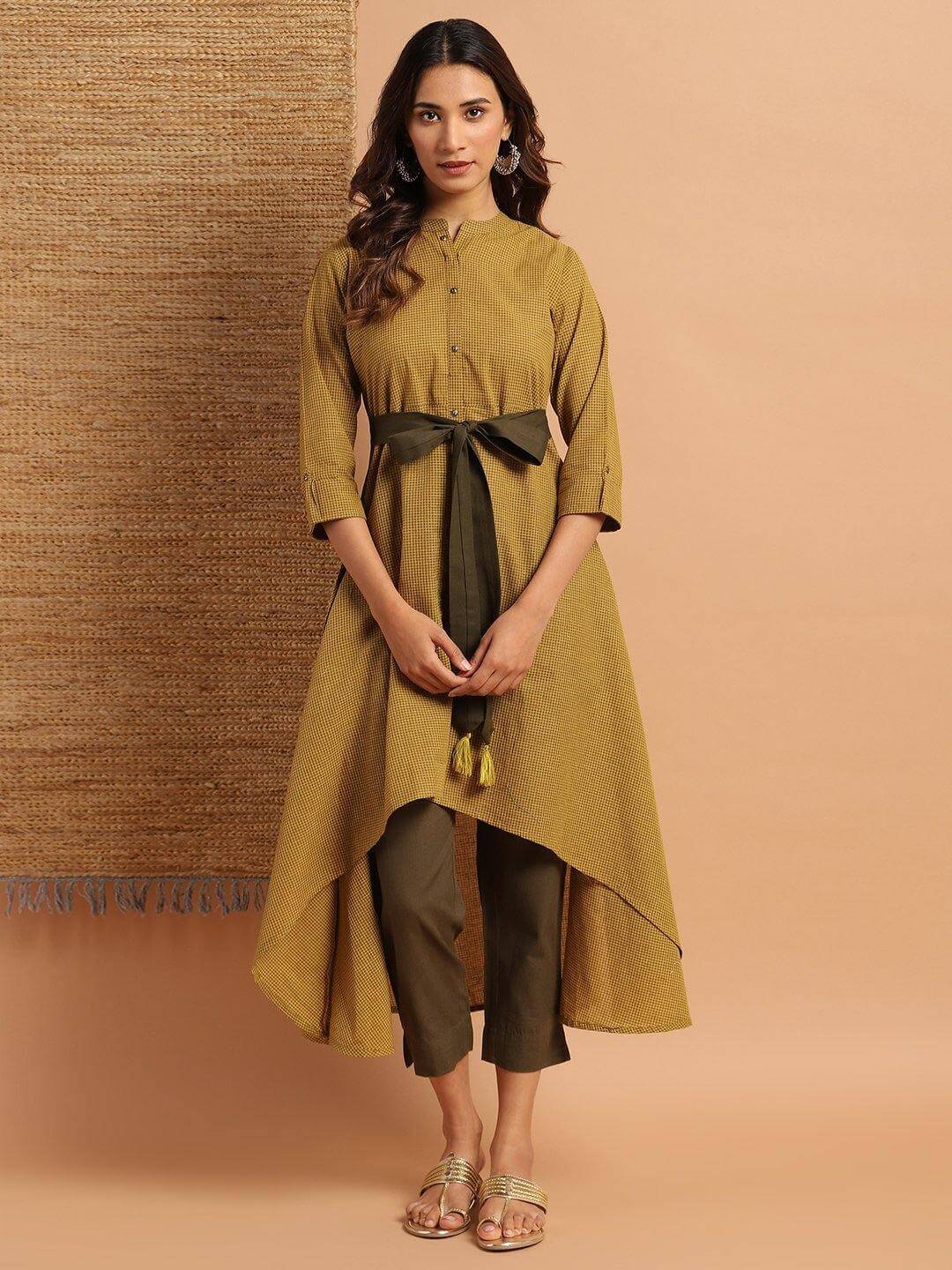 Green Cotton Checkered High Low Kurta