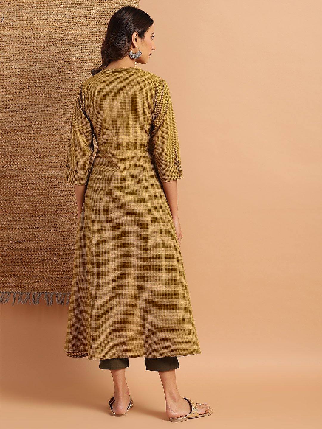 Green Cotton Checkered High Low Kurta