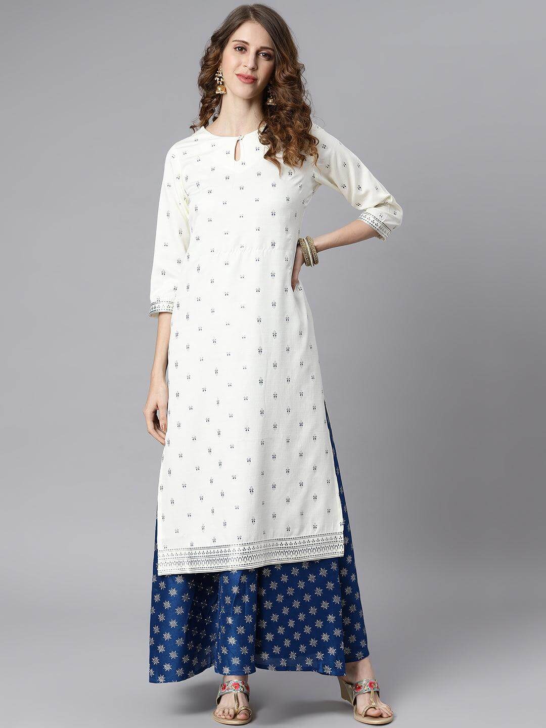 Off White Poly Silk Ethnic Motifs Flared Ethnic Dress