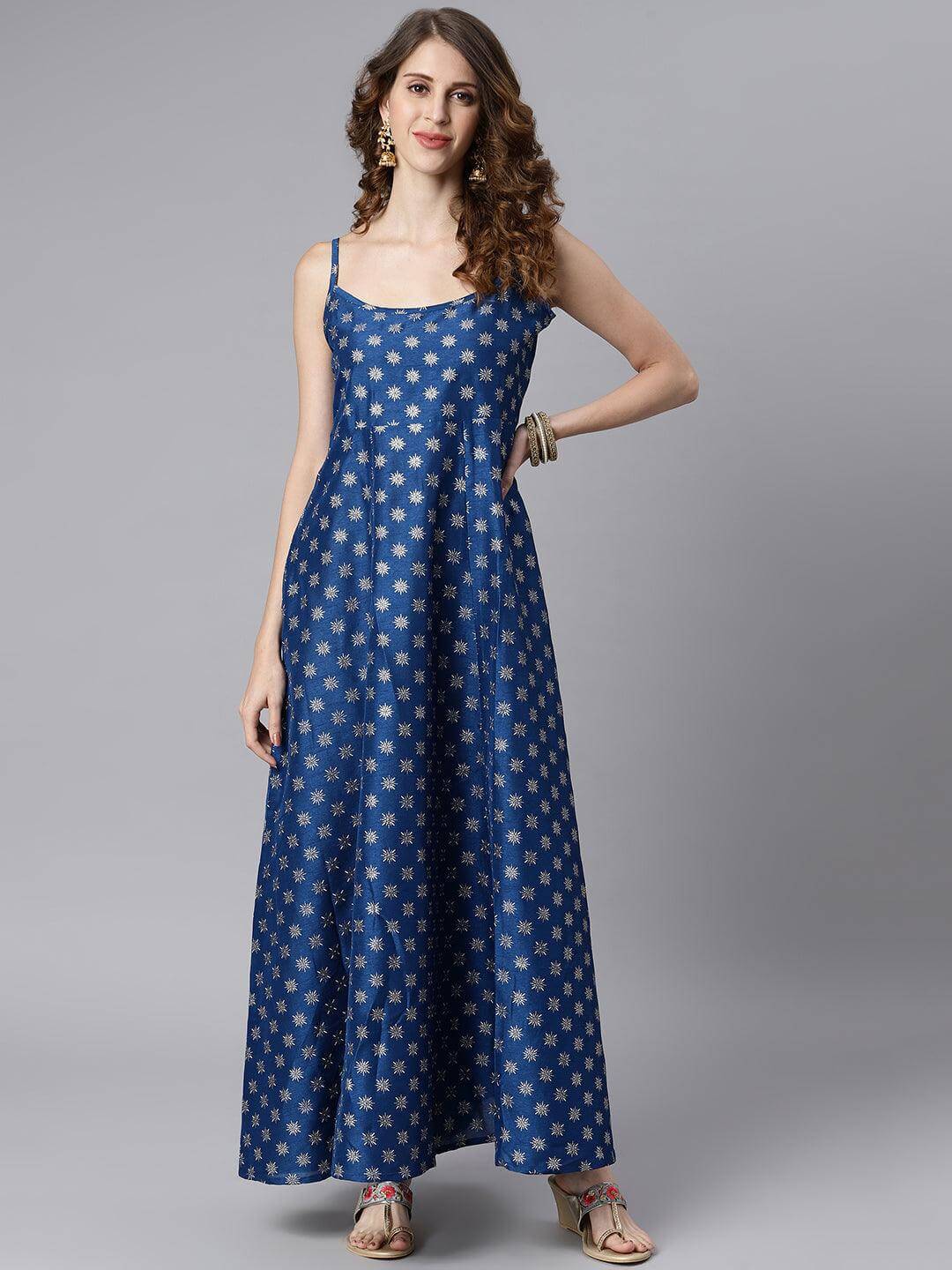 Off White Poly Silk Ethnic Motifs Flared Ethnic Dress