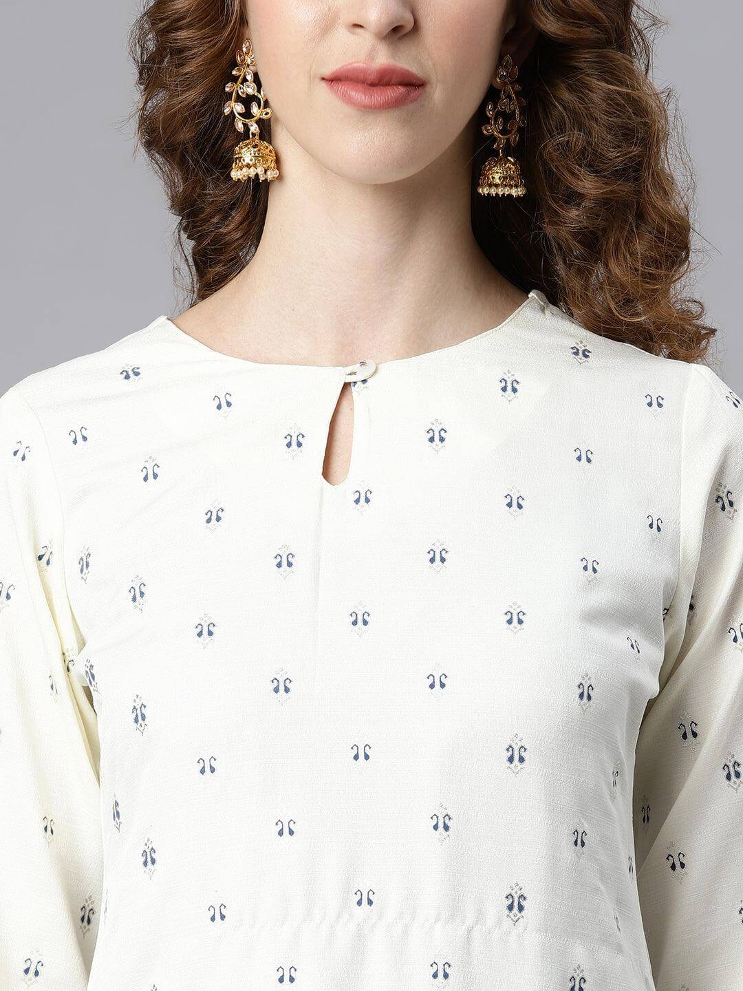 Off White Poly Silk Ethnic Motifs Flared Ethnic Dress