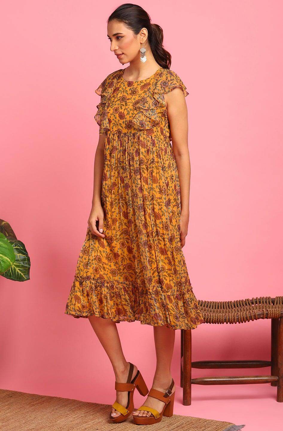 Mustard Poly Georgette Floral Flared Western Dress
