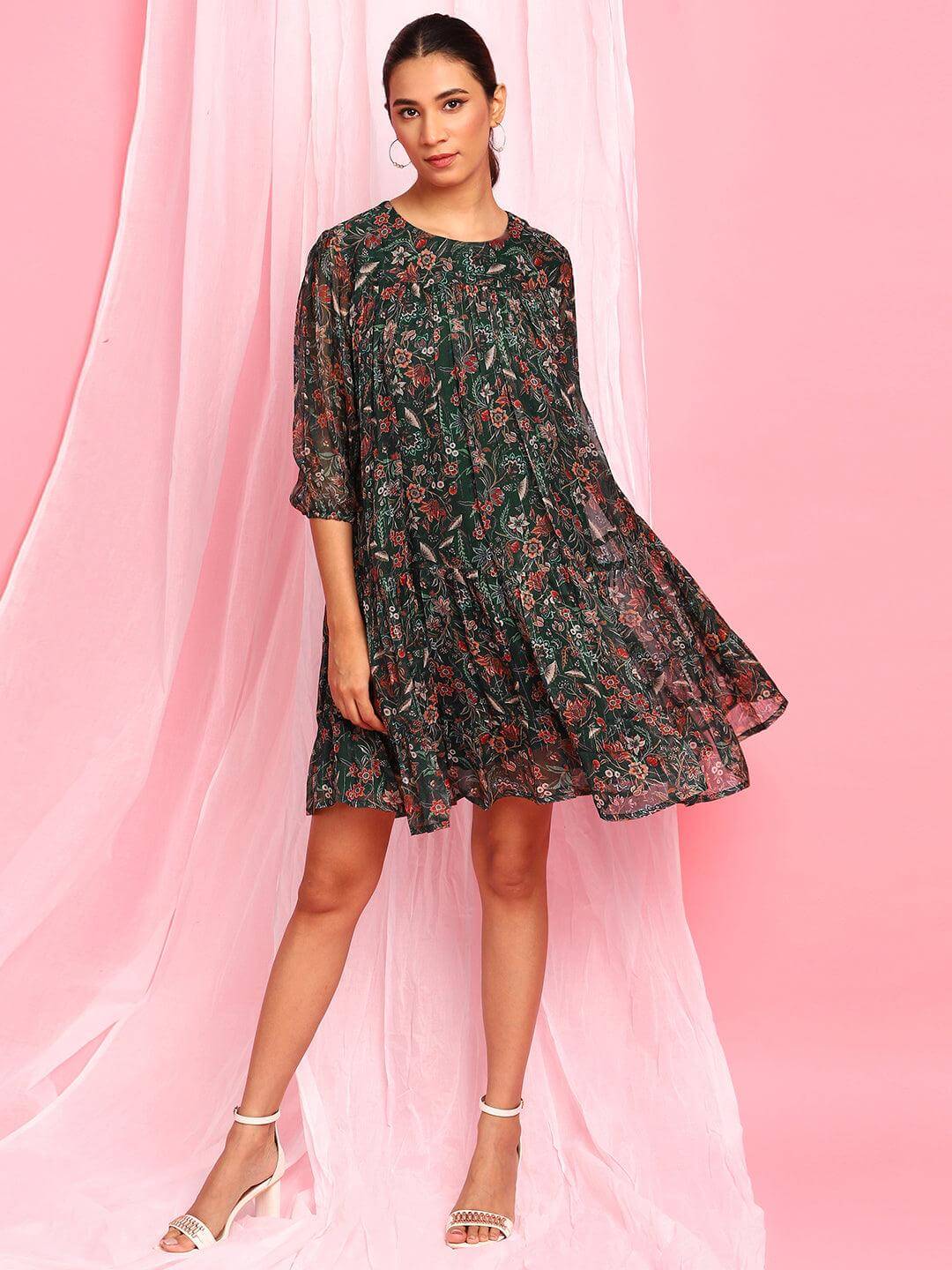 Green Poly Georgette Floral Flared Western Dress
