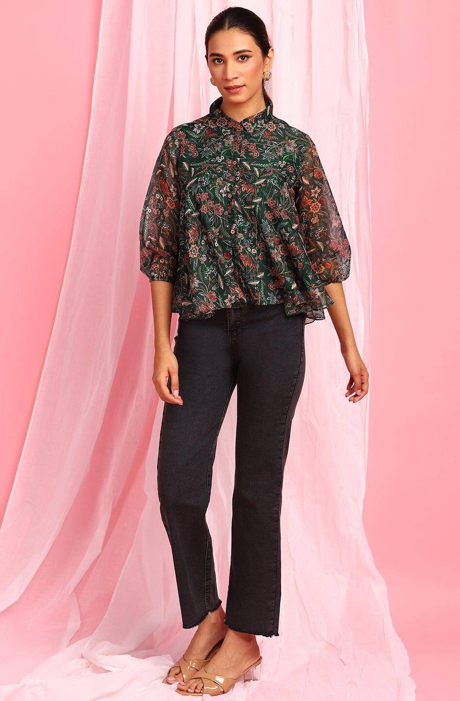 Green Poly Georgette Floral Print Regular Top