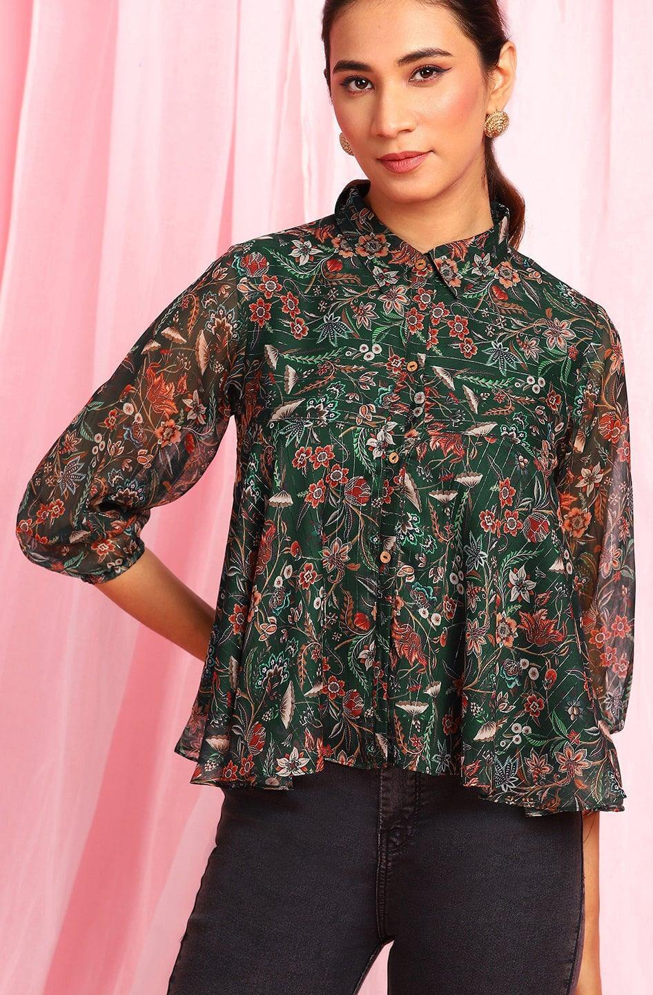 Green Poly Georgette Floral Print Regular Top