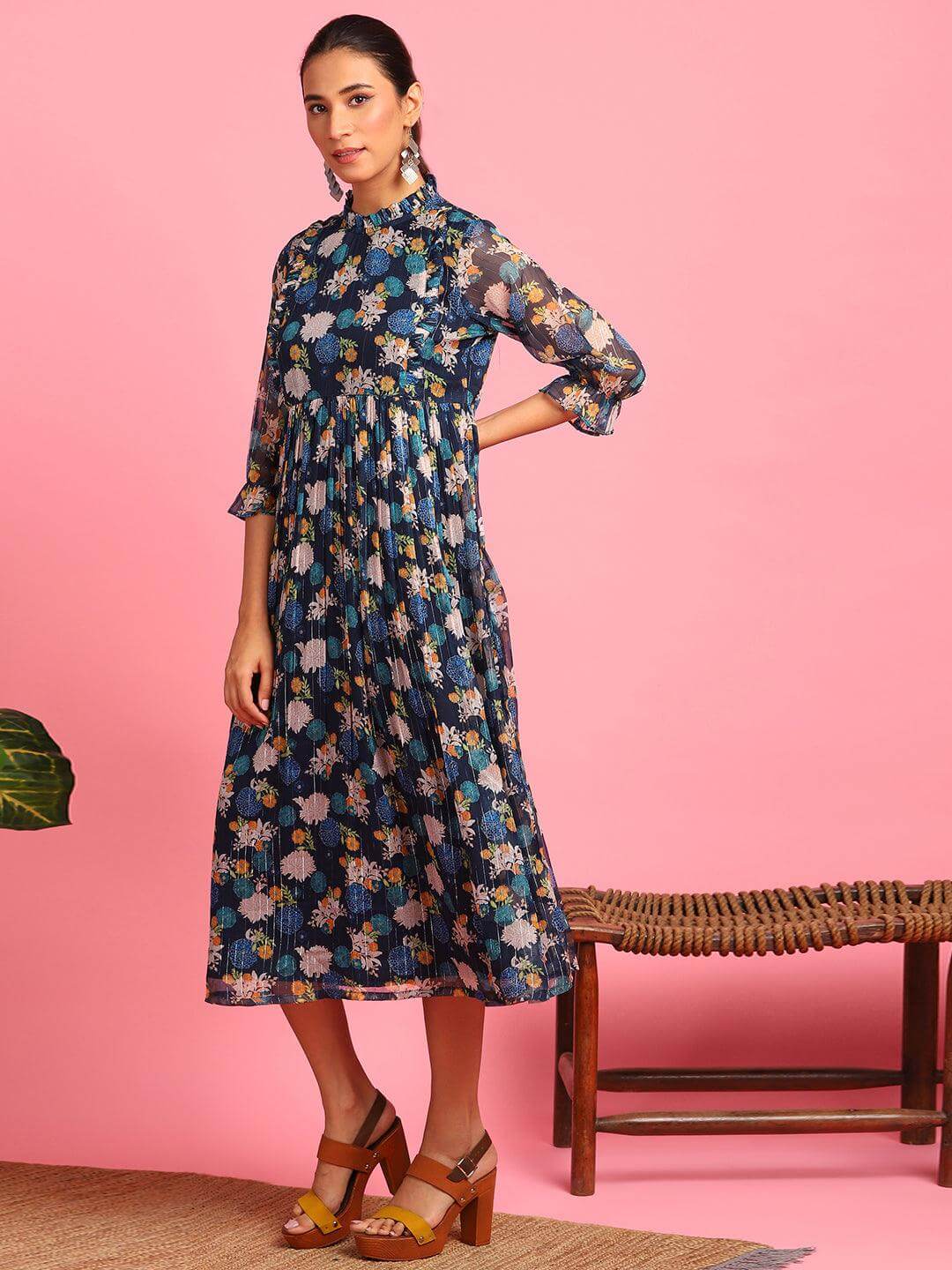 Navy Blue Poly Georgette Floral Flared Western Dress