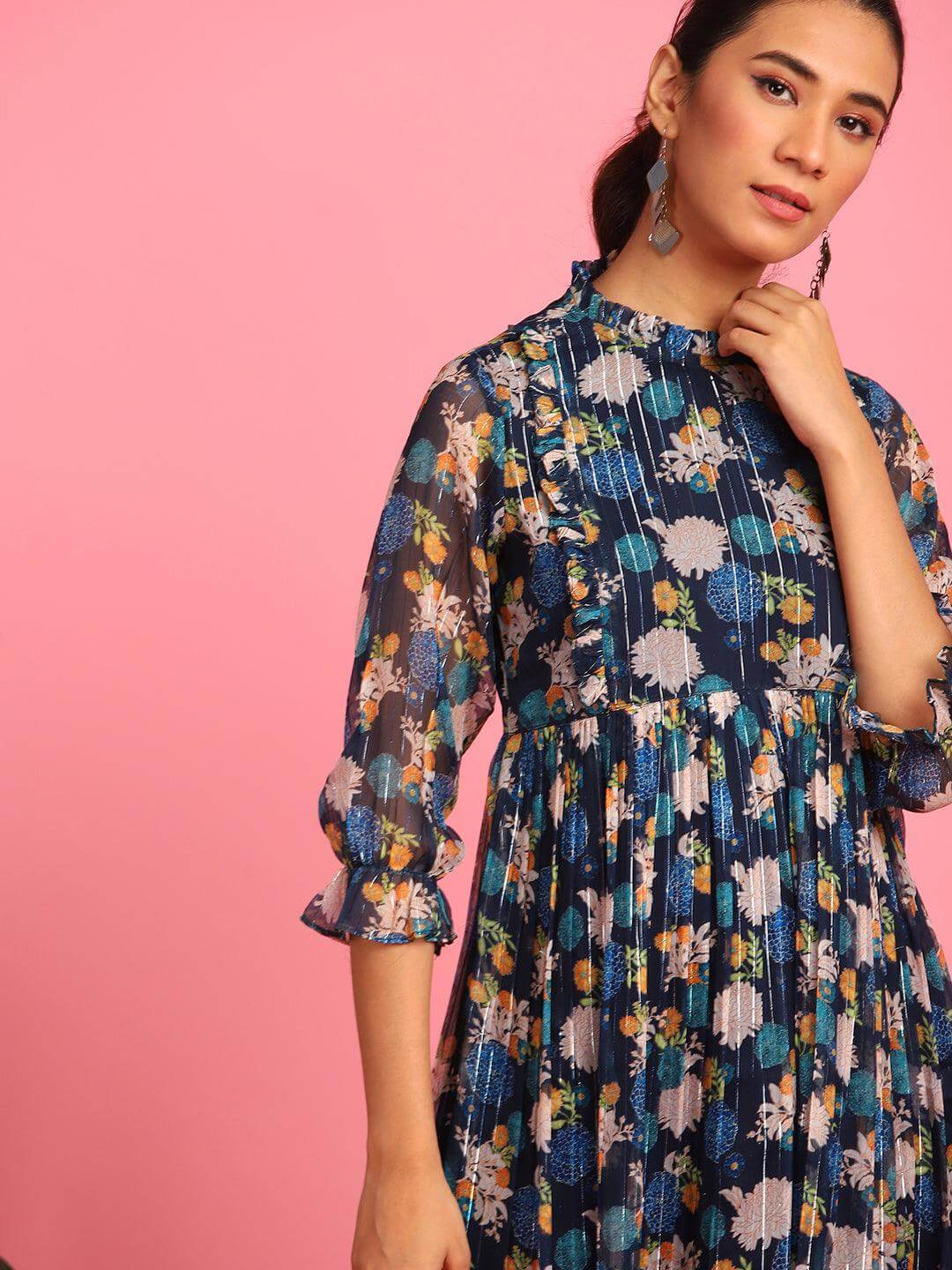 Navy Blue Poly Georgette Floral Flared Western Dress