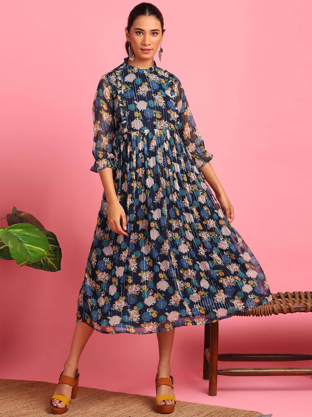 Navy Blue Poly Georgette Floral Flared Western Dress