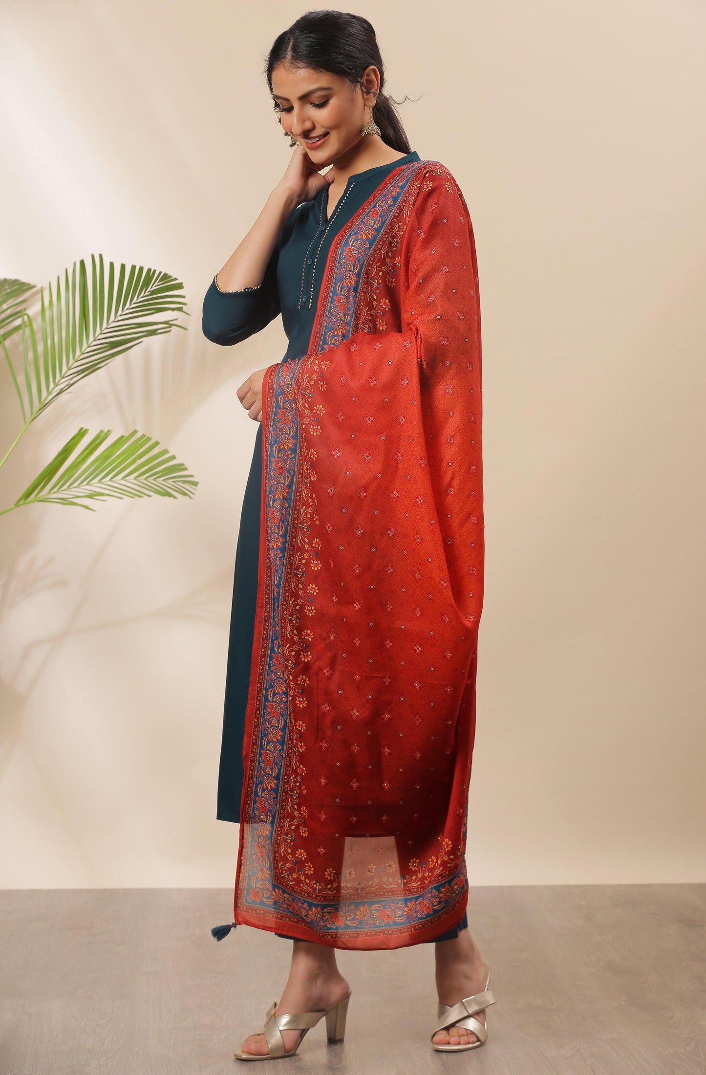 Teal Rayon Solid Kurta with Pant and Dupatta