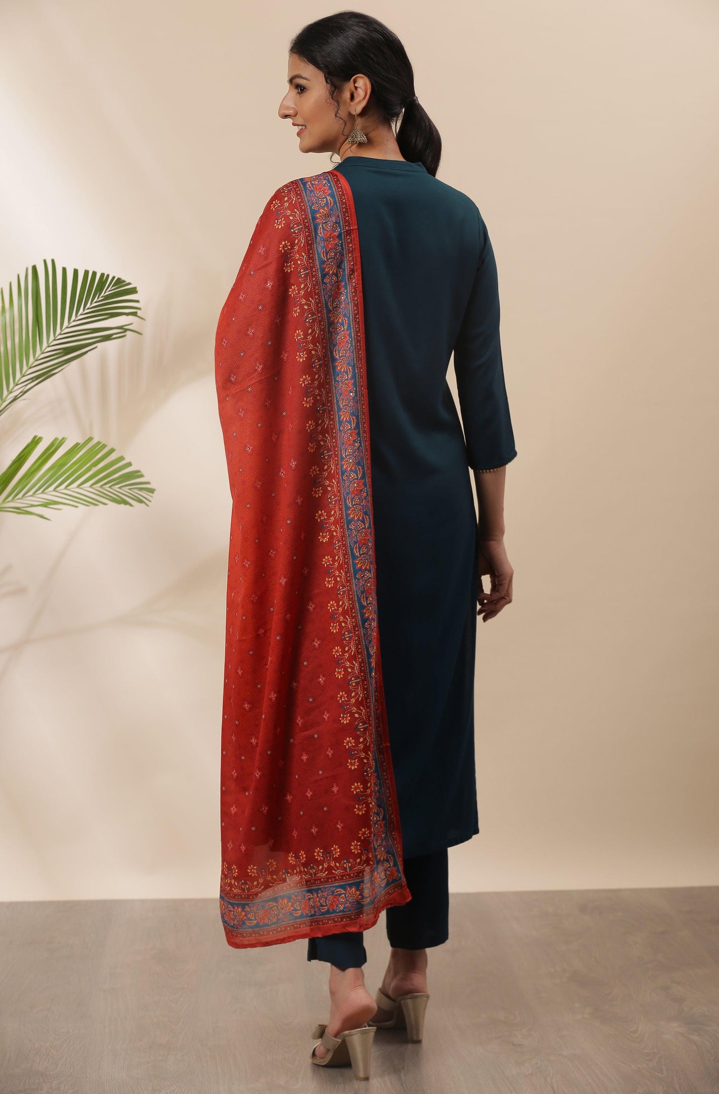 Teal Rayon Solid Kurta with Pant and Dupatta