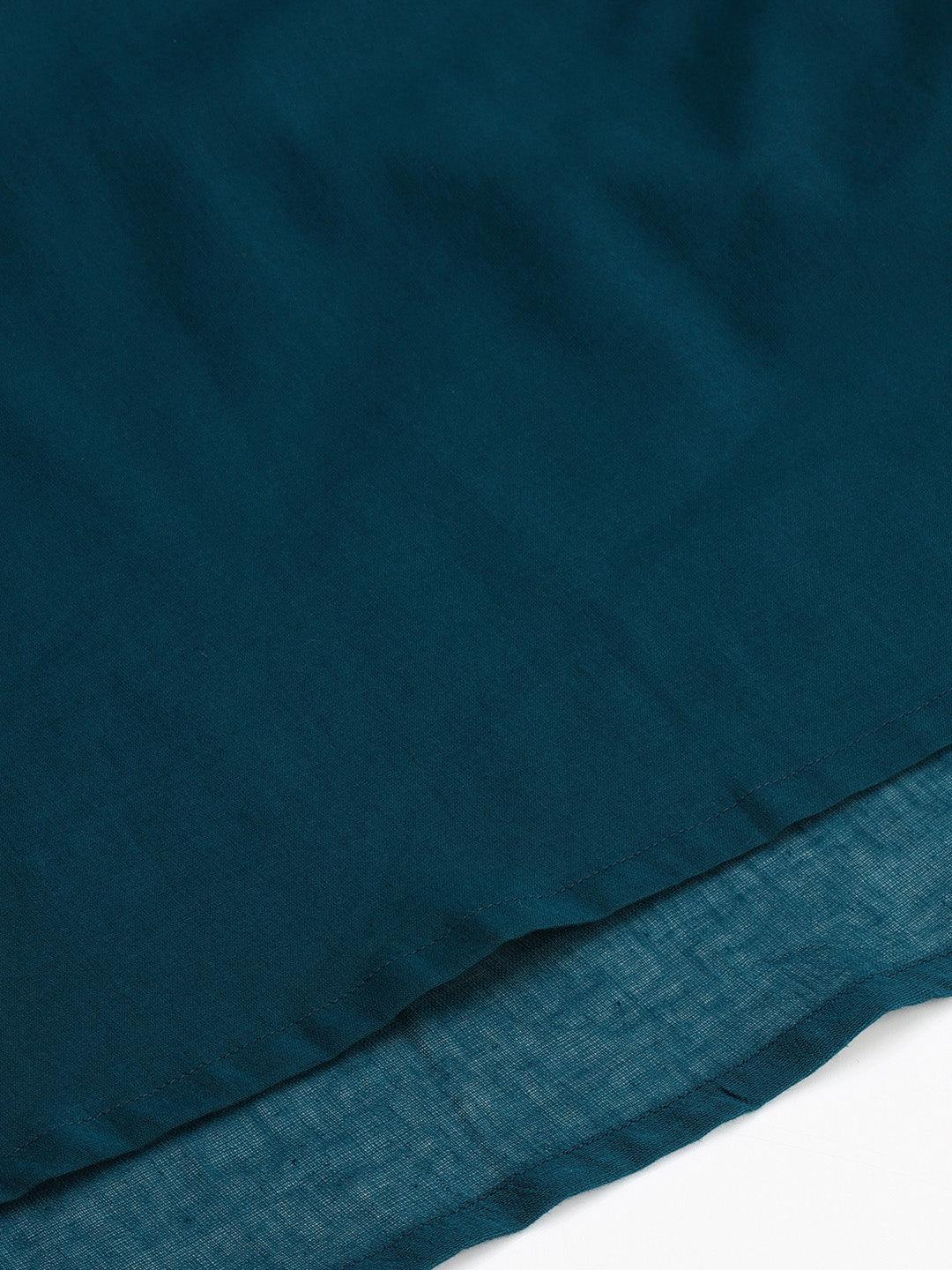 Teal Cotton Solid A-line Western Dress
