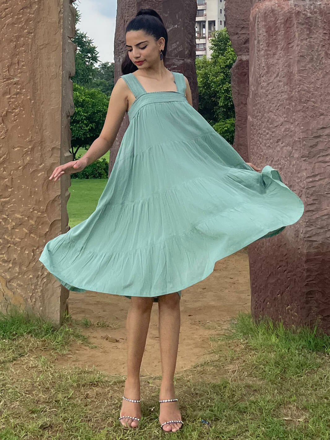 Mint Green Cotton Solid Flared Western Dress