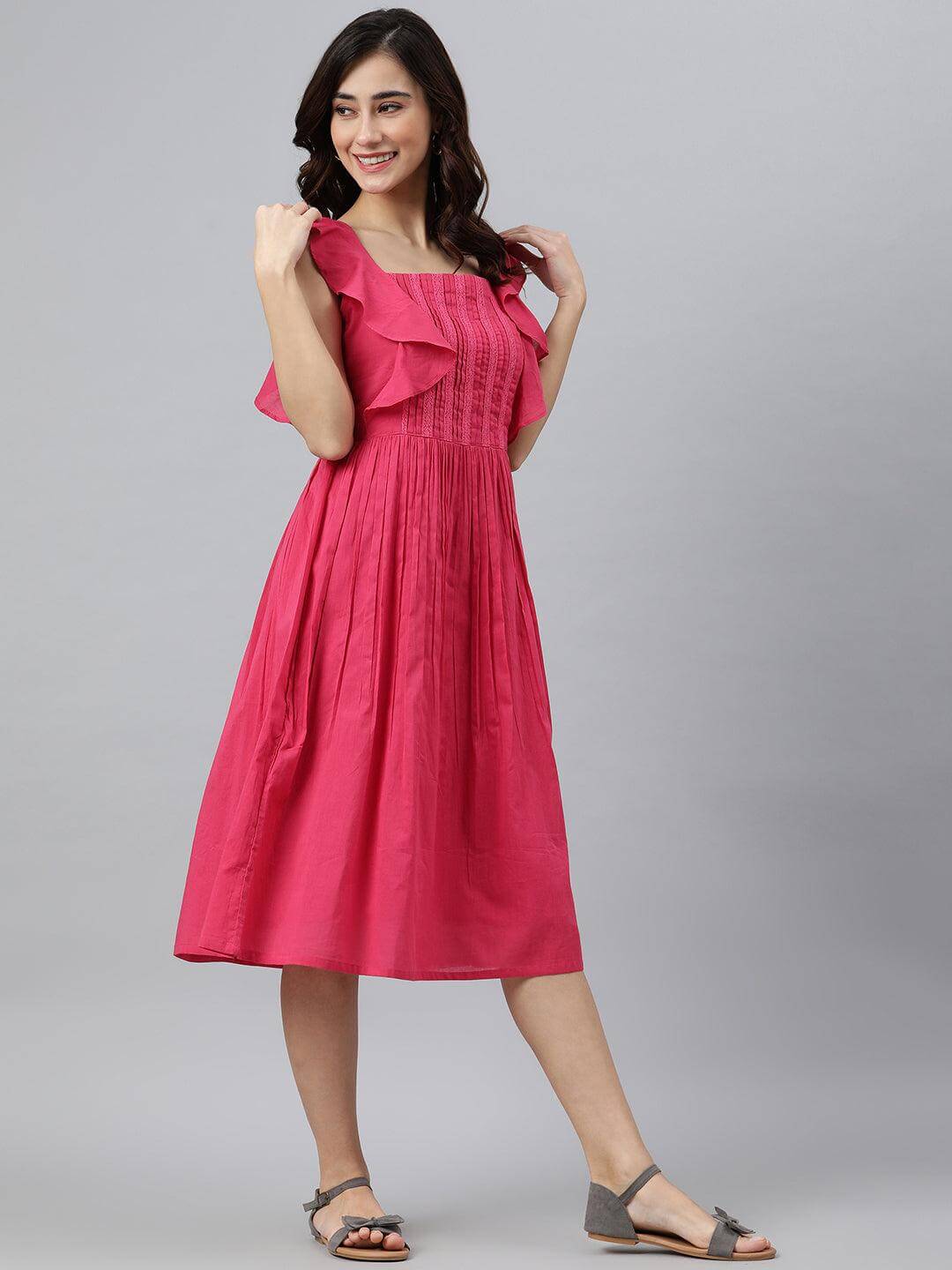 Pink Cotton Solid Flared Western Dress