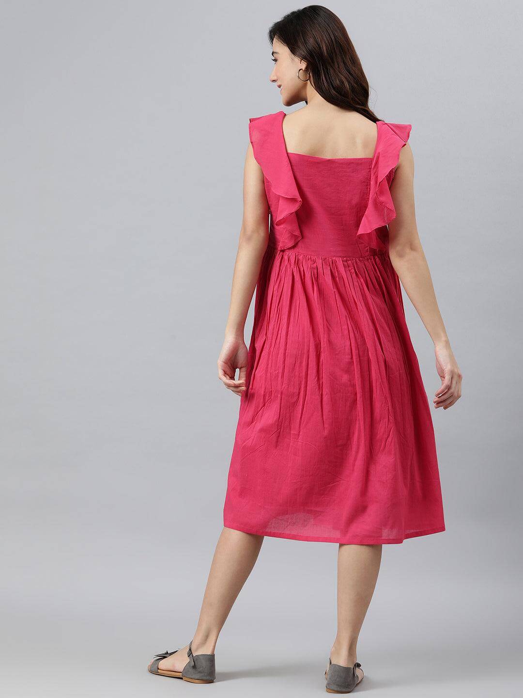 Pink Cotton Solid Flared Western Dress