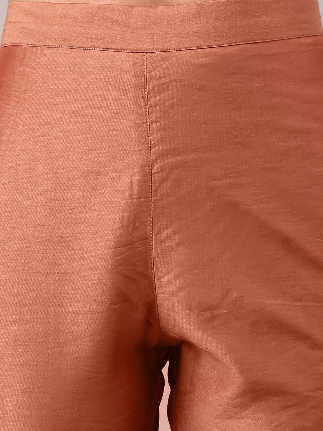 Rust Orange Poly Silk Embroidered Kurta with Pant