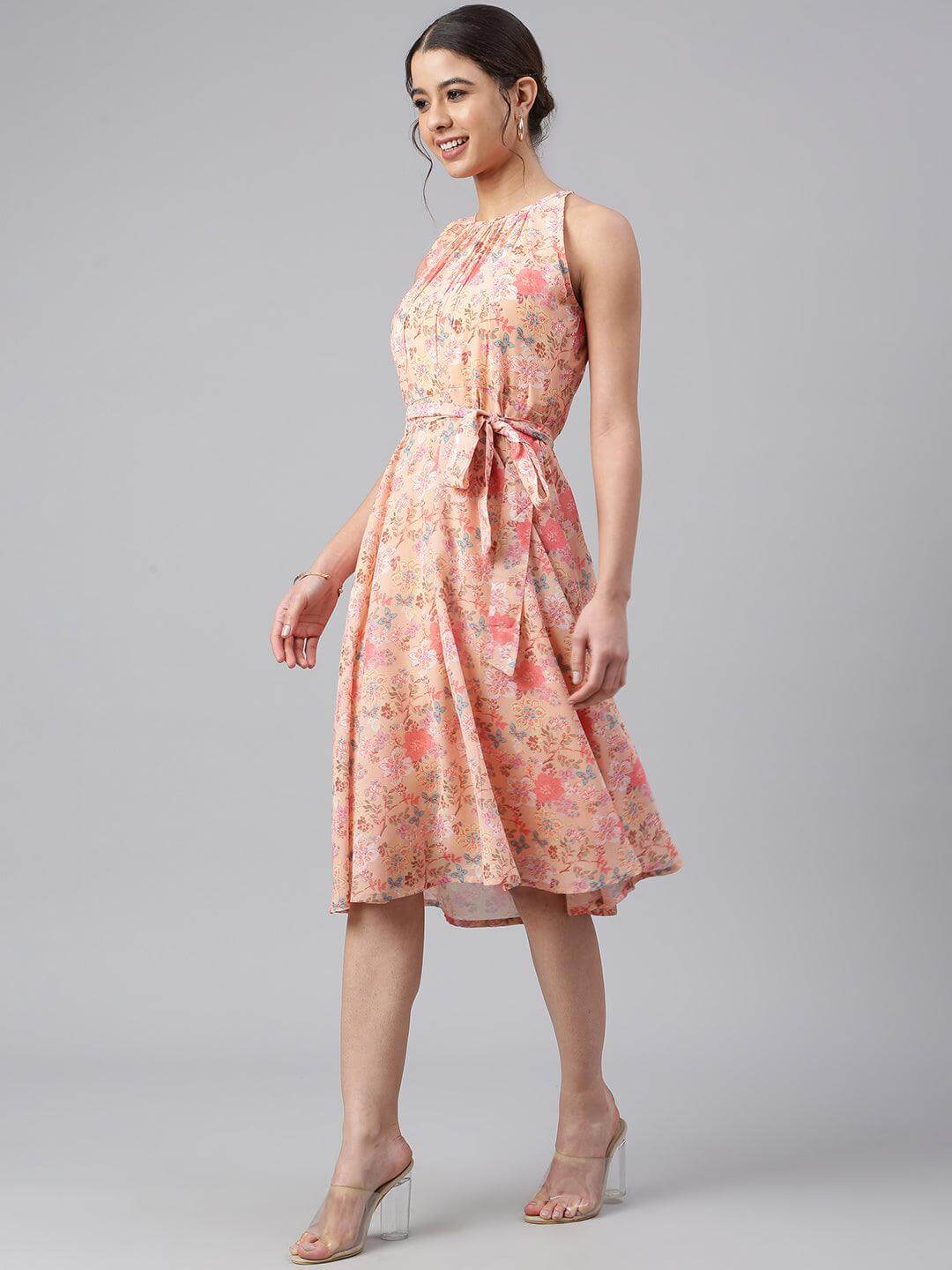 Peach Georgette Floral Print A-line Western Dress