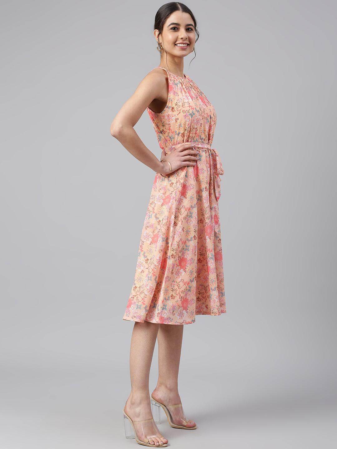 Peach Georgette Floral Print A-line Western Dress
