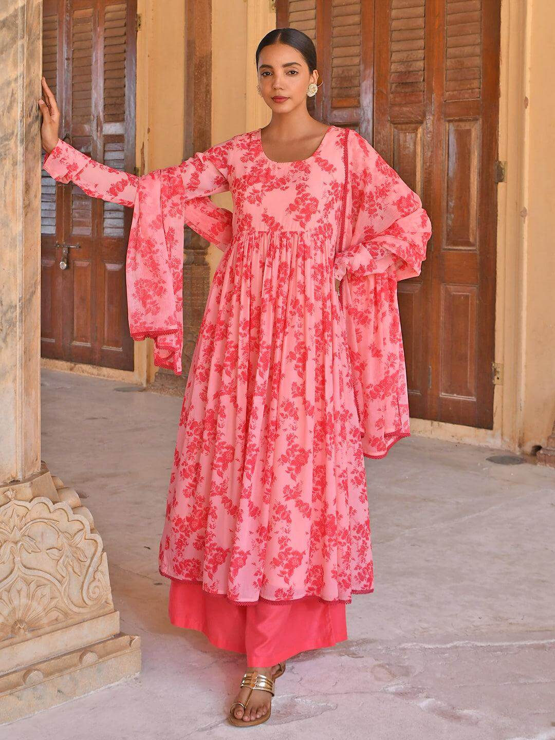 Pink Georgette Floral Print Kurta with Flared Palazzo and Dupatta