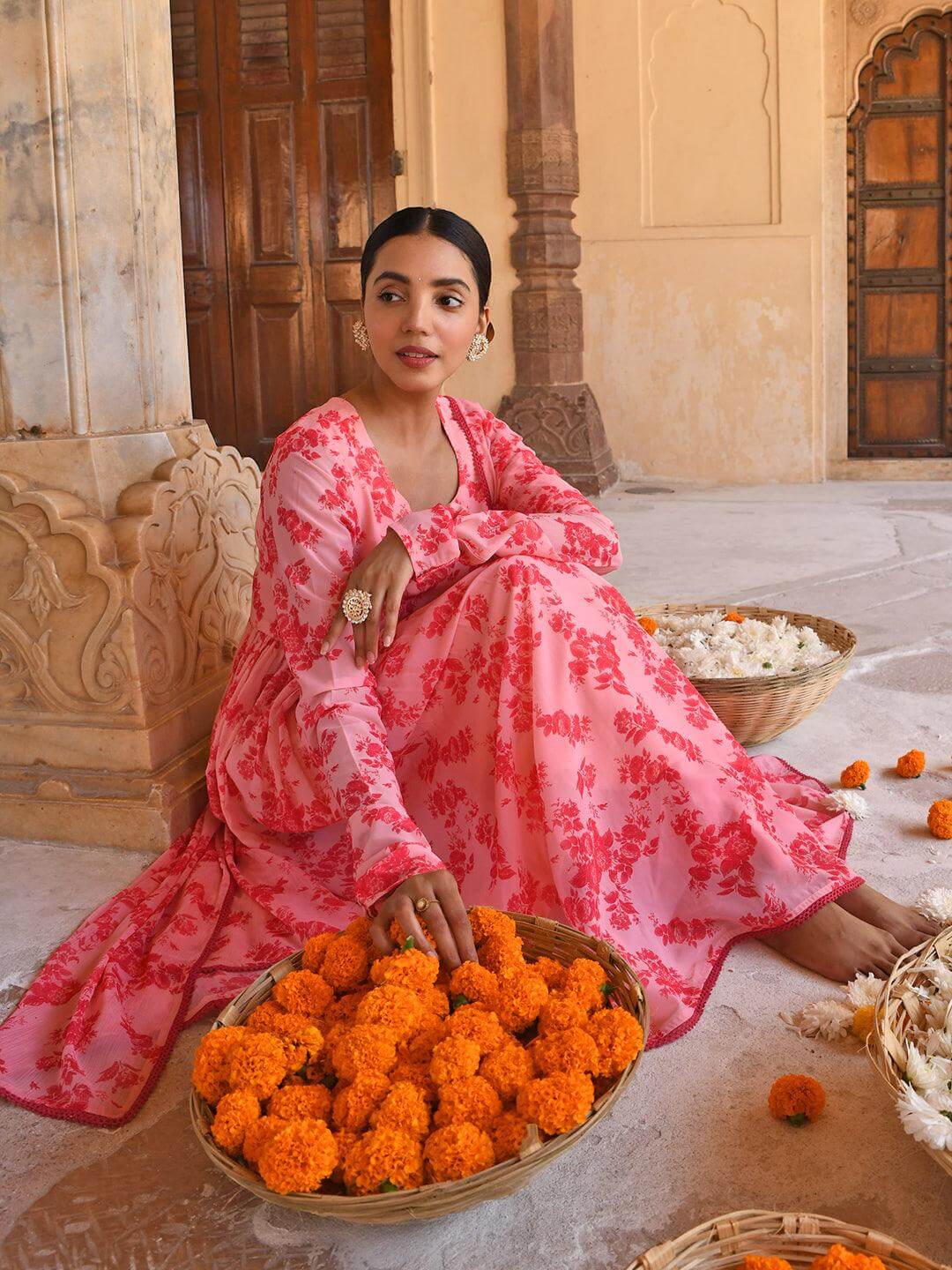 Pink Georgette Floral Print Kurta with Flared Palazzo and Dupatta