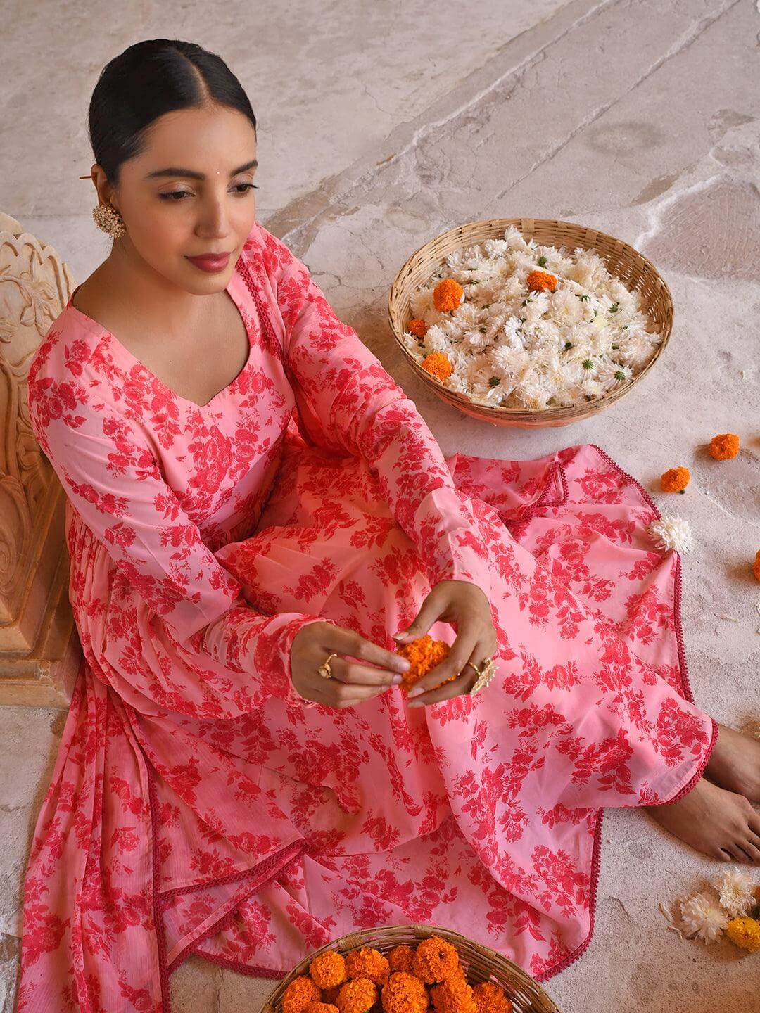 Pink Georgette Floral Print Kurta with Flared Palazzo and Dupatta