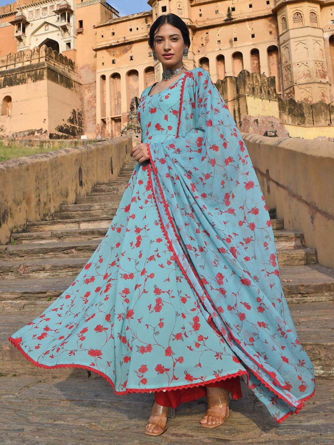 Blue Georgette Floral Print Kurta with Flared Palazzo and Dupatta