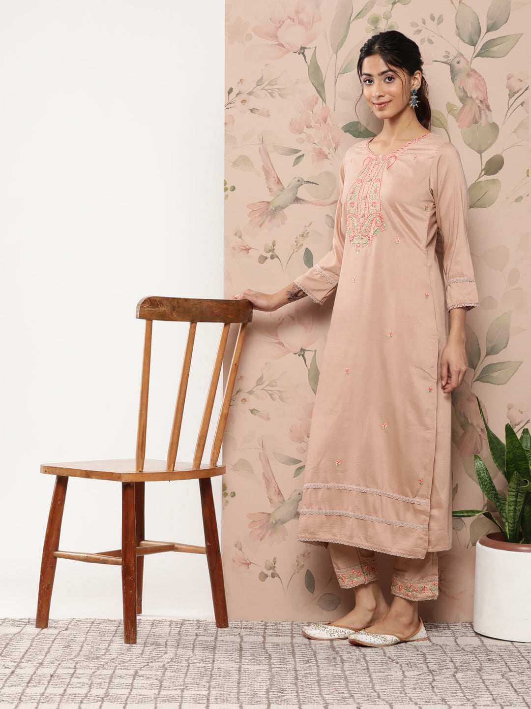 Rose Gold Poly Silk Floral Embroidery Kurta with Pant and Dupatta