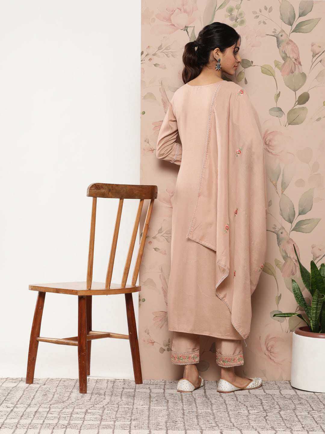 Rose Gold Poly Silk Floral Embroidery Kurta with Pant and Dupatta