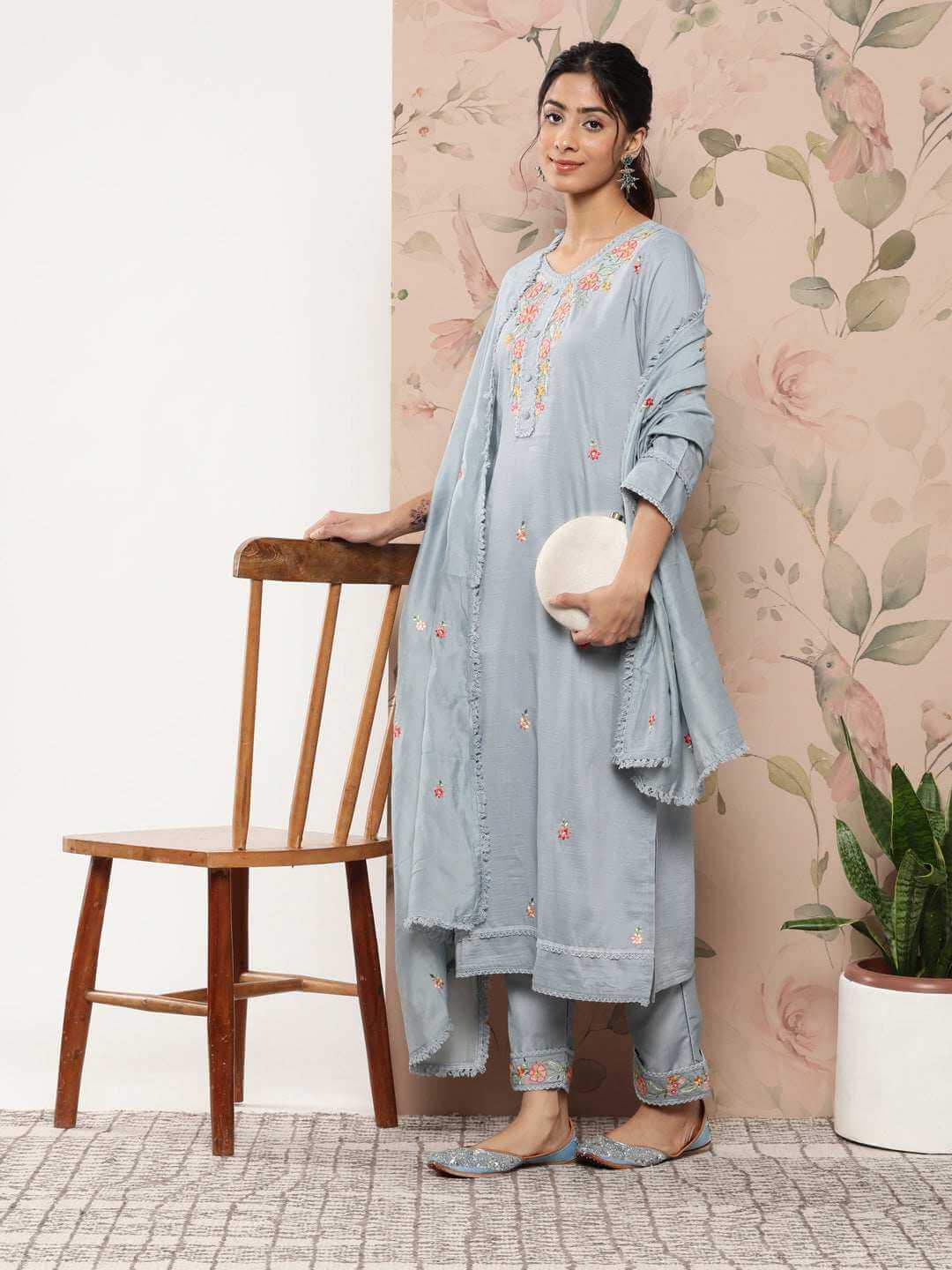 Mint Blue Poly Silk Floral Embroidery Kurta with Pant and Dupatta