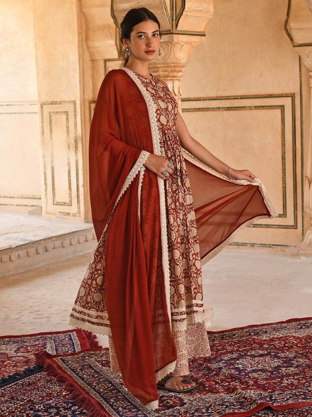 Rust Cotton Floral Print Kurta with Palazzo and Dupatta