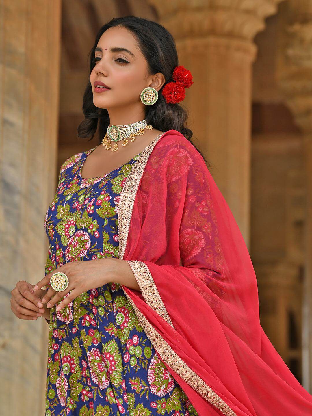 Blue Cotton Floral Block Print Kurta with Pant and Dupatta