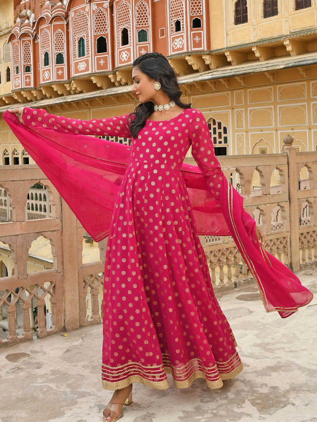 Magenta Georgette Foil Print Kurta with Dupatta