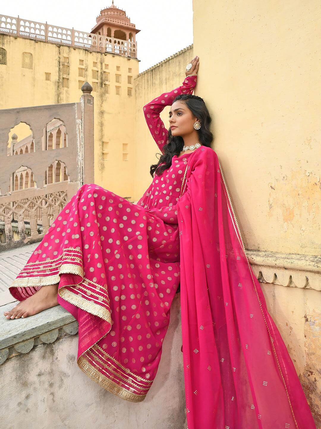 Magenta Georgette Foil Print Kurta with Dupatta