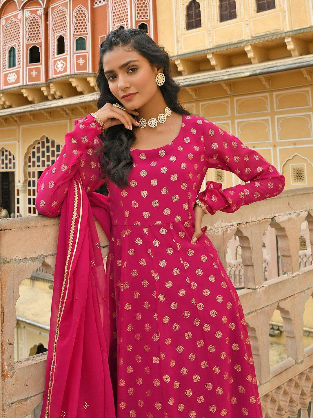 Magenta Georgette Foil Print Kurta with Dupatta