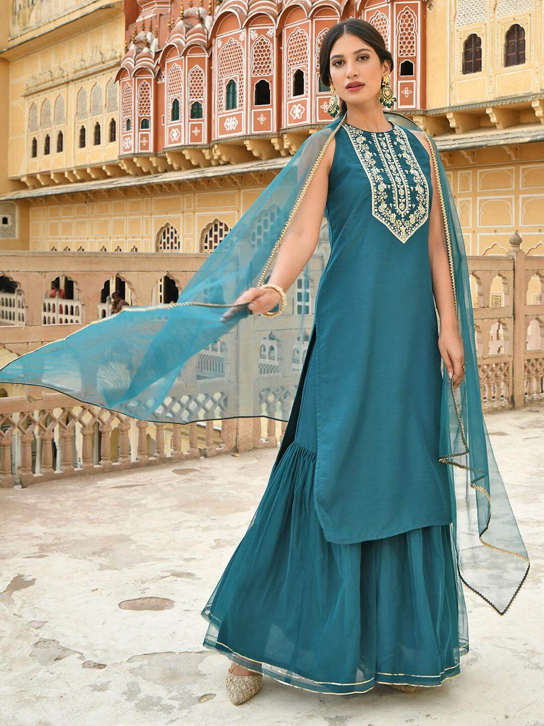Teal Green Poly Silk Embroidered Kurta with Sharara and Dupatta